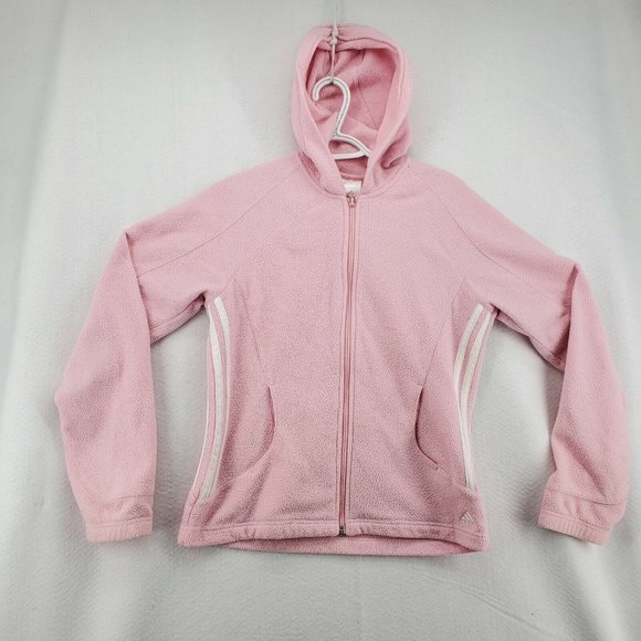 Adidas Shirt Women's L/S Full Zip Hooded Sweatshirt Three Stripe Fleece Pink Sm - Picture 2 of 12